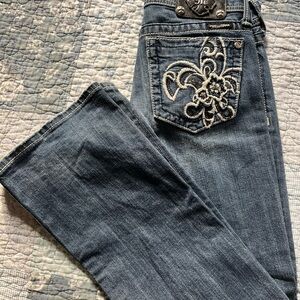 Miss Me Dark Blue Boot Cut Jeans with Silver Embroidery